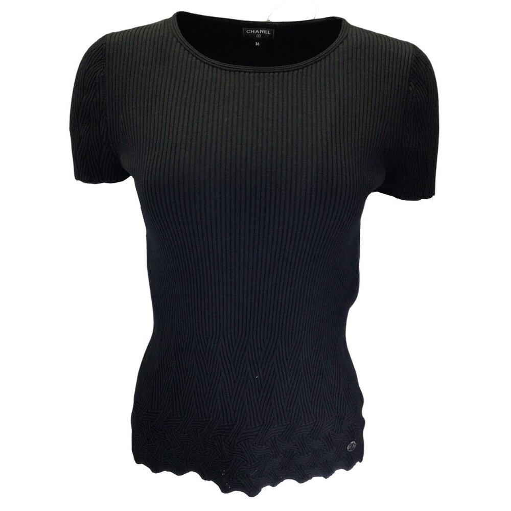 CHANEL BLACK SHORT SLEEVED RIBBED KNIT COTTON SWEATER